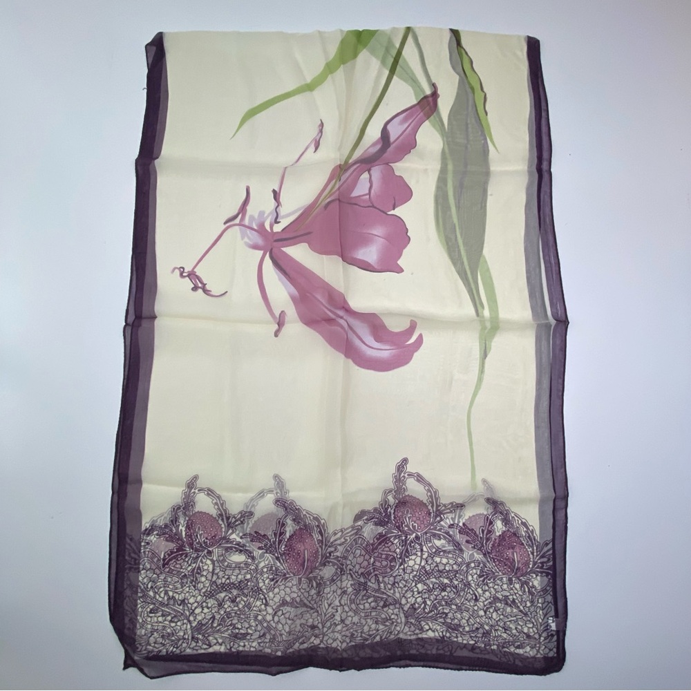 Floral Silk Blend Square Scarf Cream Purple Botanical Print